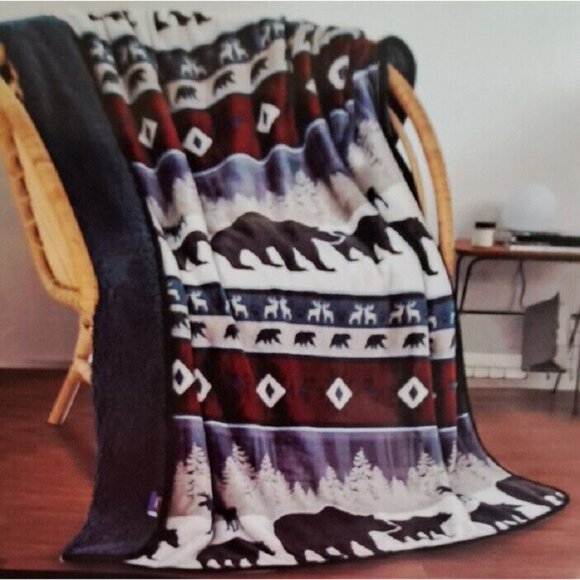 New Blue Lodge Rustic Moose Plush Fleece Throw Gift Blanket Sherpa Bear Forest - Picture 2 of 4